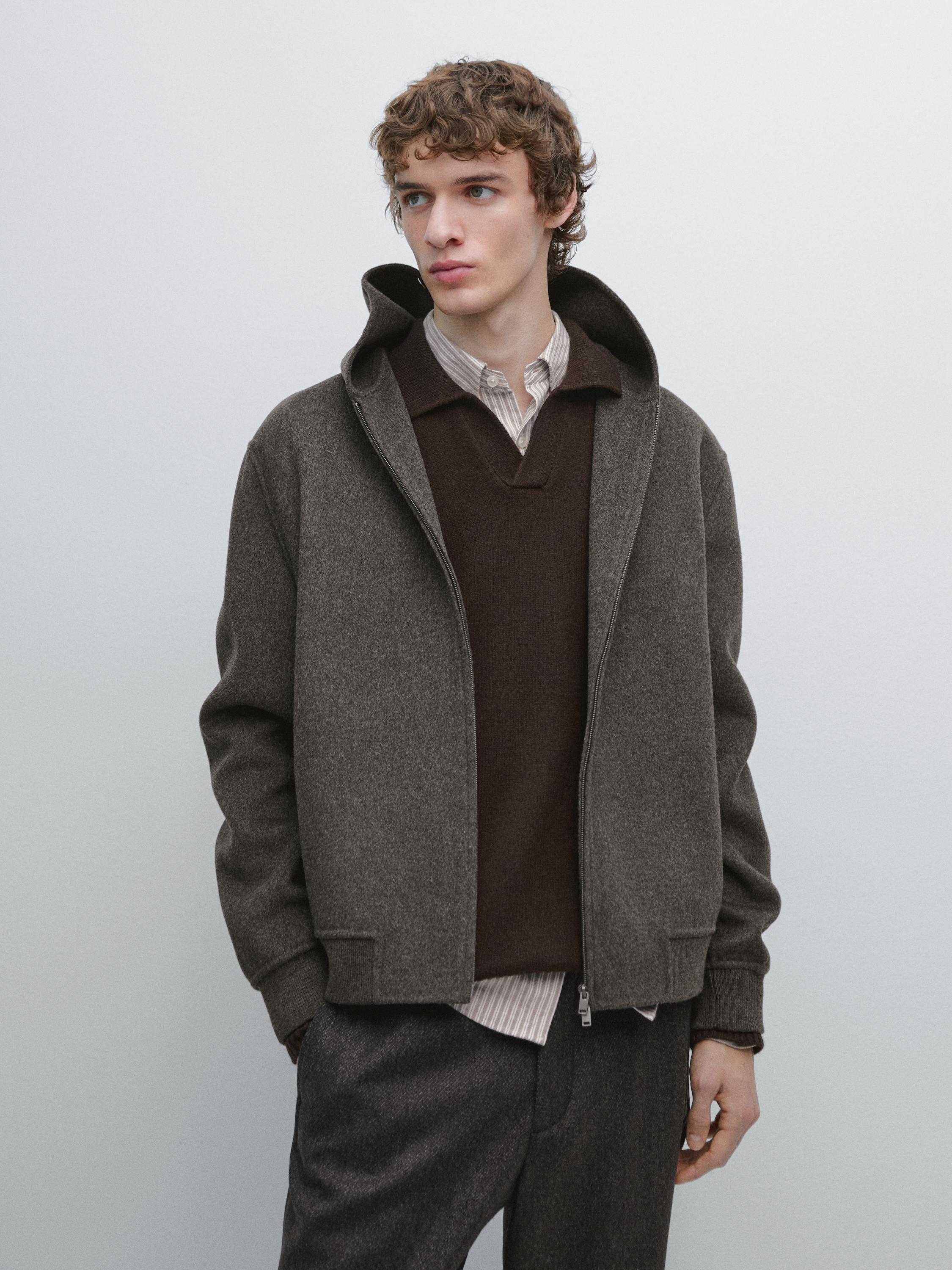 Wool blend double fabric hooded jacket